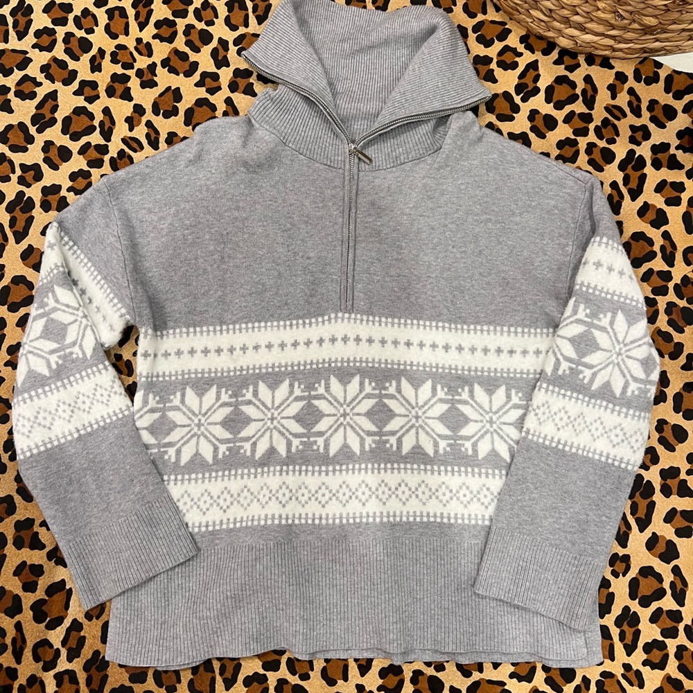 Cynthia Rowley Gray and White Snowflake quarter-zip Sweater